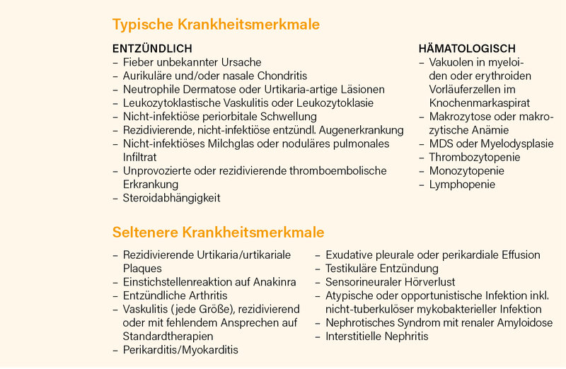Abb.: Merkmale, die die Testung für die somatische UBA1-Variante stützen (Prä-Test-Wahrscheinlichkeit höher für Männer, Alter >50 Jahre und bei erhöhten Akute-Phase-Reaktanten)