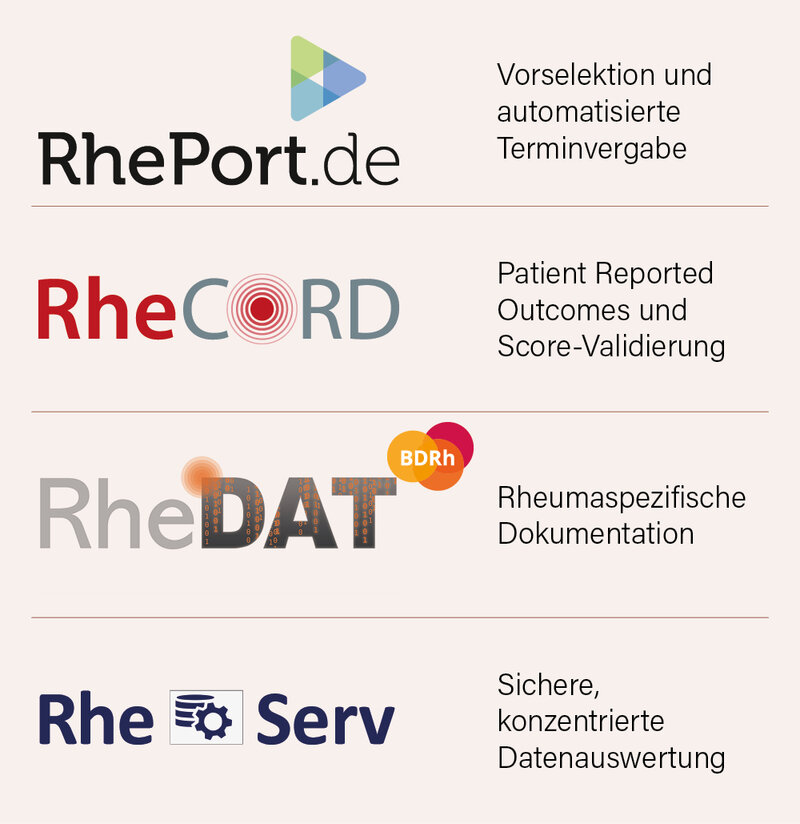 Abb.: Die Kernbestandteile der Rhadar-Gruppe: RhePORT, betrieben von Rhadar, RheCORD, betrieben von der RheCORD Healthcare GmbH & Co. KG, RheDAT betrieben vom BDRh, RheServ, der sichere Server der RheumaDatenRheport GbR